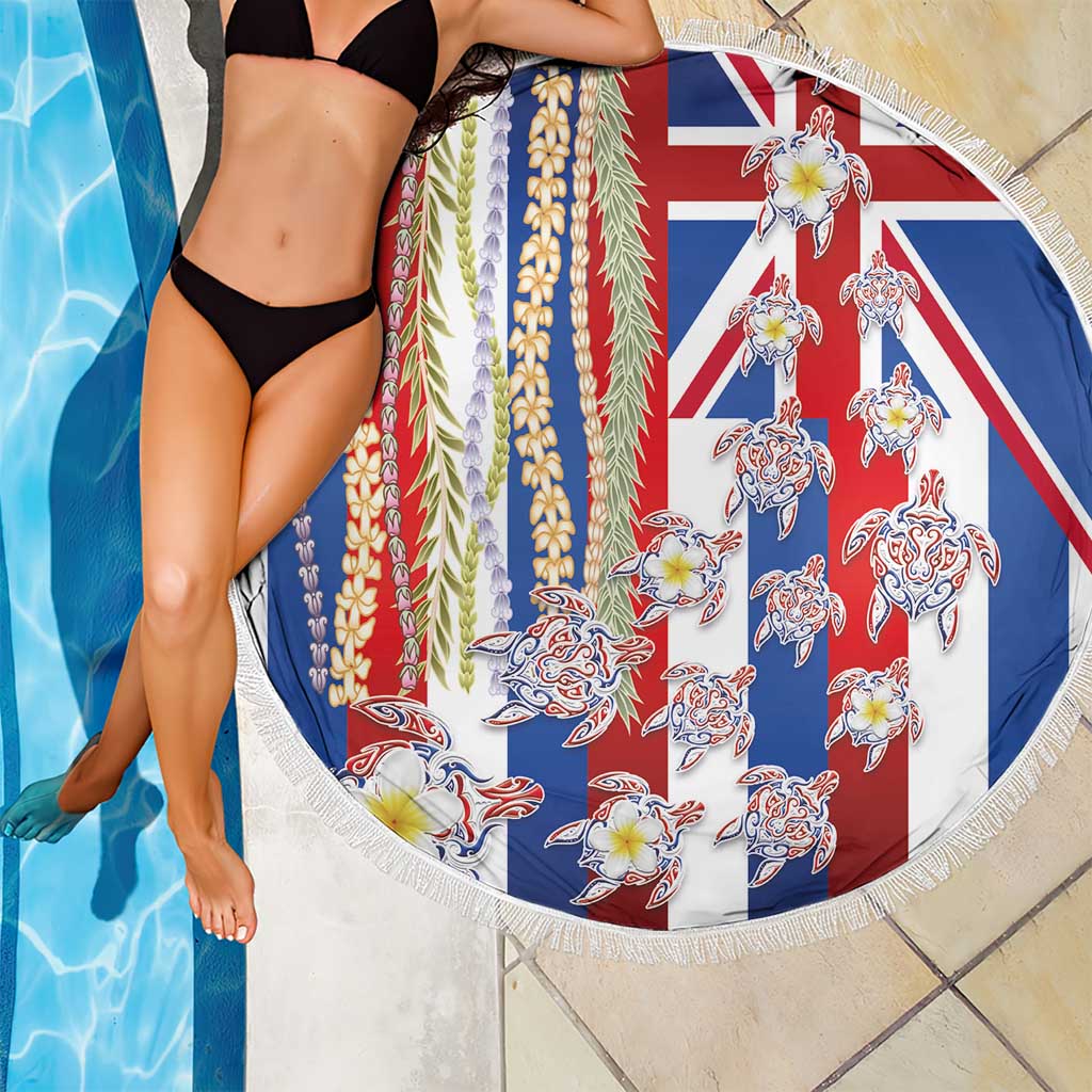 Hawaiian Polynesian Tribal Turtles Beach Blanket with Lei and Flag Style