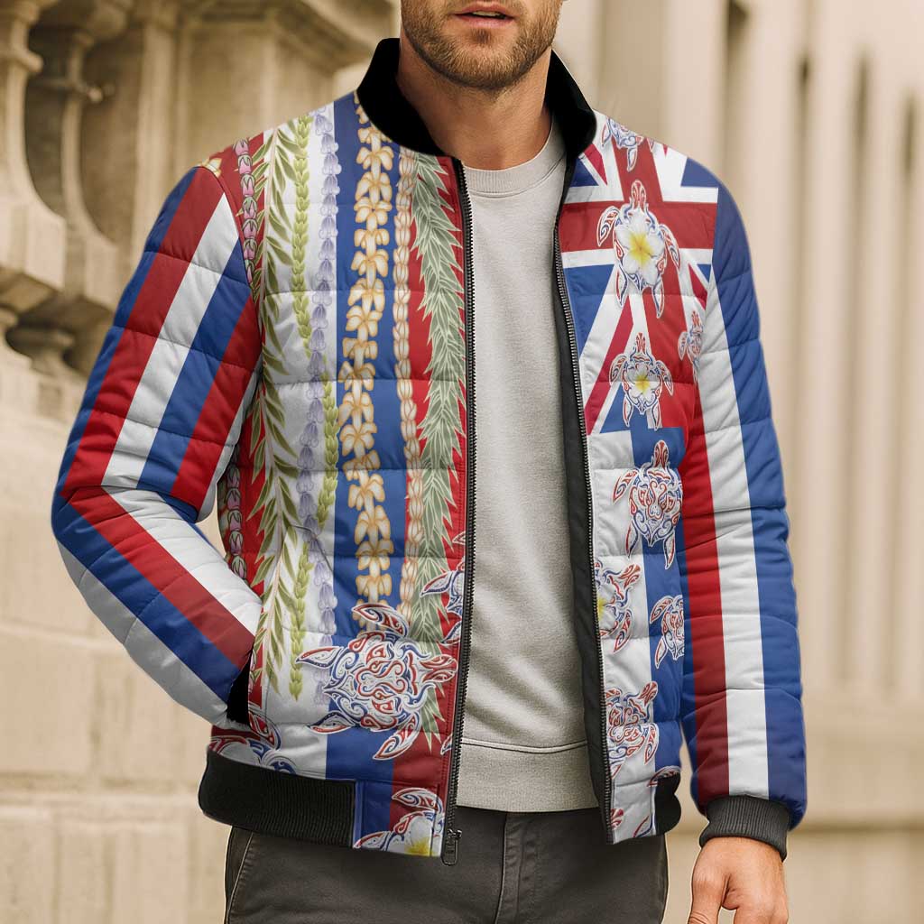 Hawaiian Polynesian Tribal Turtles Bomber Puffer Jacket with Lei and Flag Style