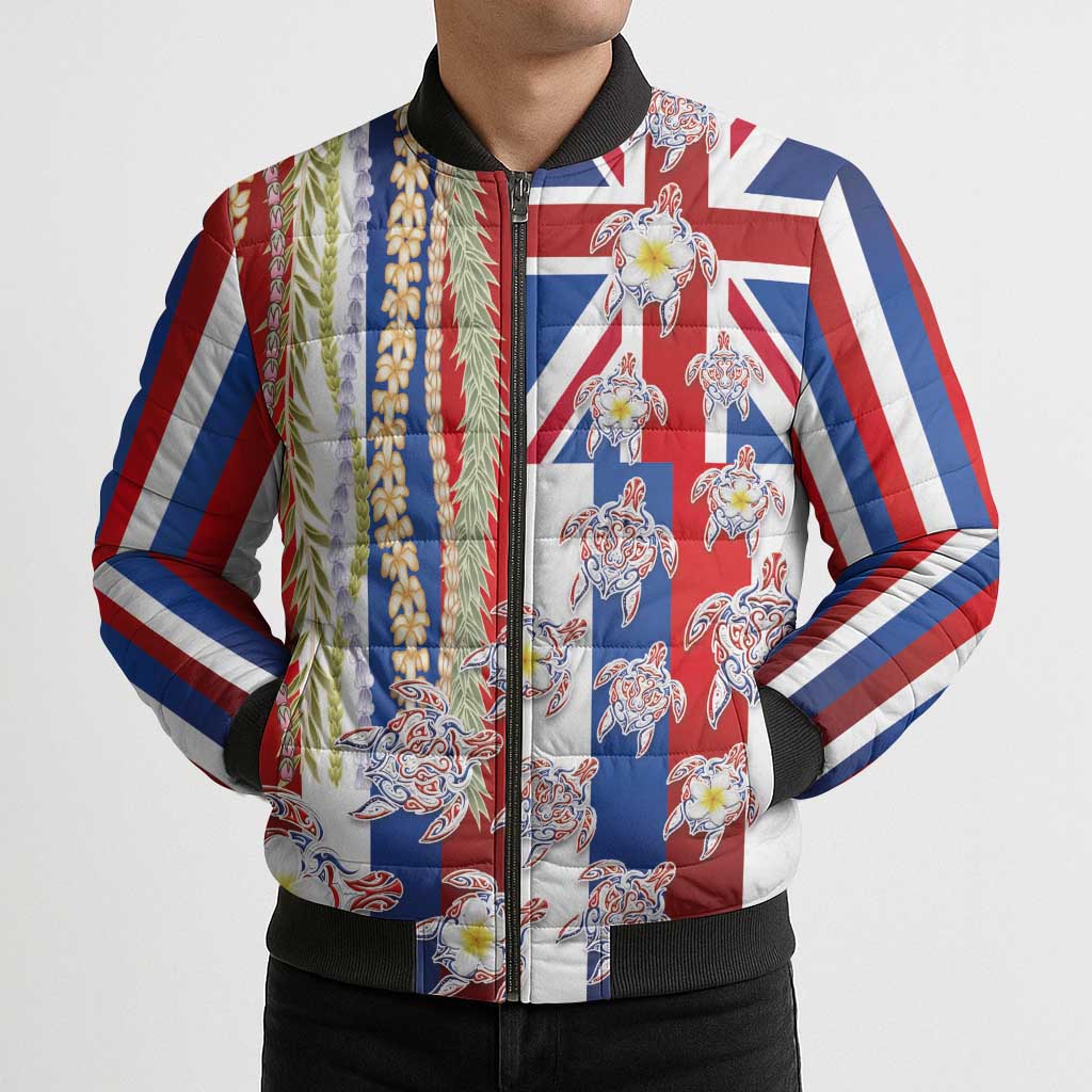 Hawaiian Polynesian Tribal Turtles Bomber Puffer Jacket with Lei and Flag Style