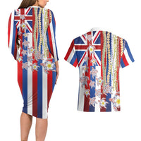Hawaiian Polynesian Tribal Turtles Couples Matching Long Sleeve Bodycon Dress and Hawaiian Shirt with Lei and Flag Style