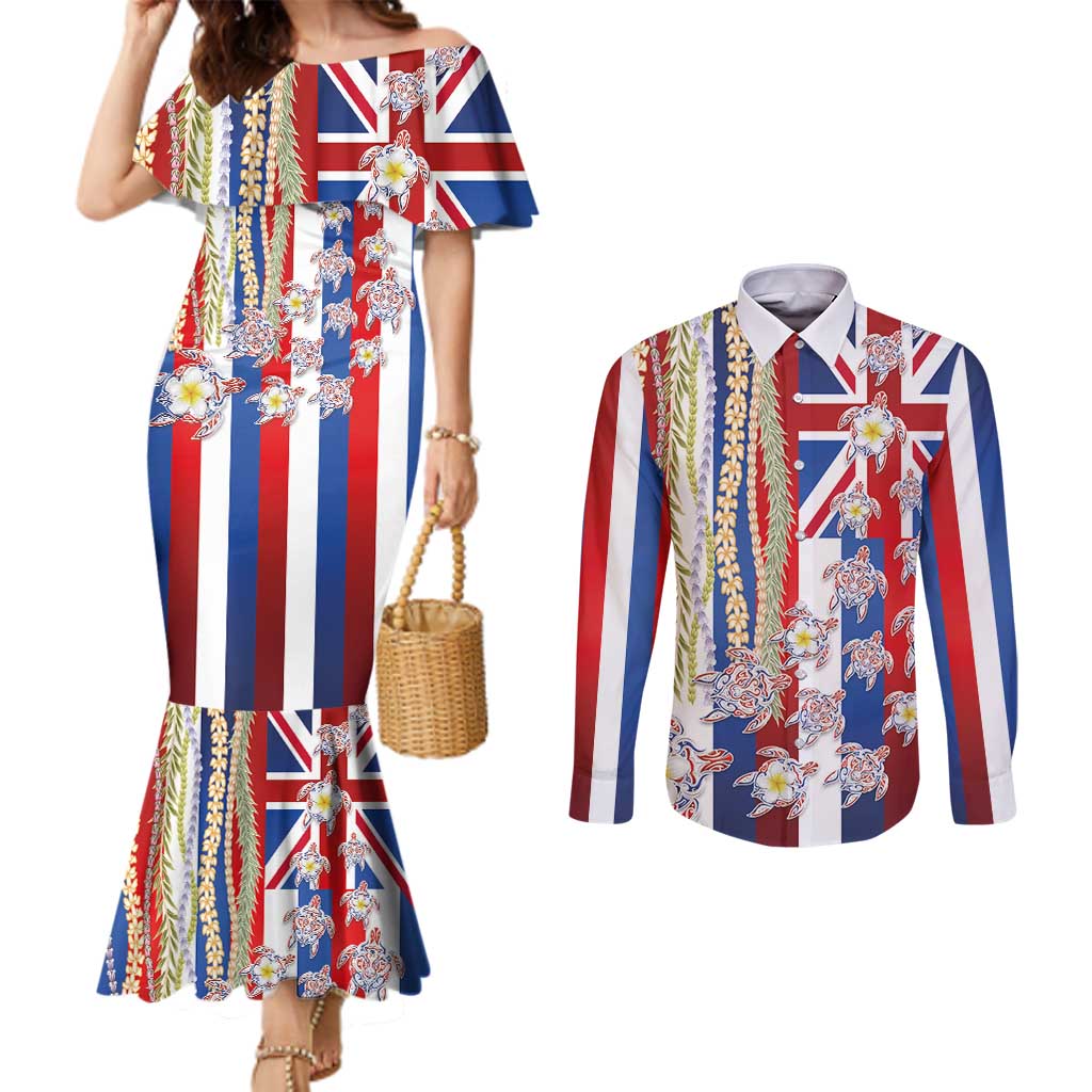 Hawaiian Polynesian Tribal Turtles Couples Matching Mermaid Dress and Long Sleeve Button Shirt with Lei and Flag Style LT03 Multicolor - Polynesian Pride