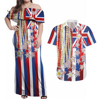Hawaiian Polynesian Tribal Turtles Couples Matching Off Shoulder Maxi Dress and Hawaiian Shirt with Lei and Flag Style LT03 Multicolor - Polynesian Pride