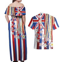 Hawaiian Polynesian Tribal Turtles Couples Matching Off Shoulder Maxi Dress and Hawaiian Shirt with Lei and Flag Style LT03 - Polynesian Pride