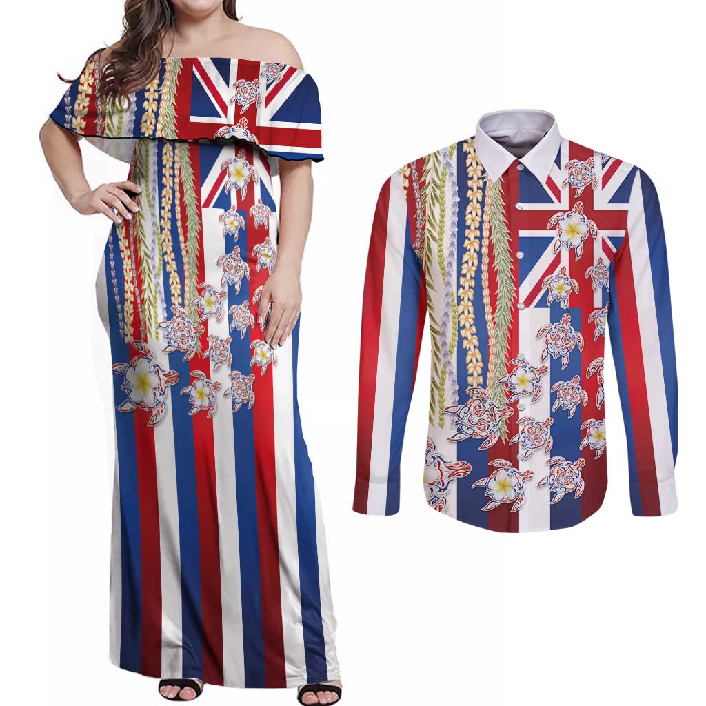 Hawaiian Polynesian Tribal Turtles Couples Matching Off Shoulder Maxi Dress and Long Sleeve Button Shirt with Lei and Flag Style LT03 Multicolor - Polynesian Pride