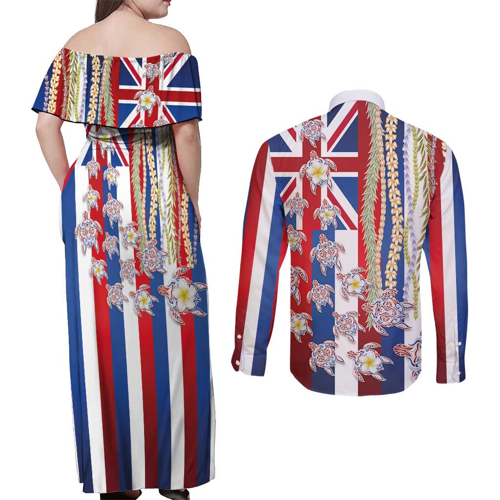 Hawaiian Polynesian Tribal Turtles Couples Matching Off Shoulder Maxi Dress and Long Sleeve Button Shirt with Lei and Flag Style LT03 - Polynesian Pride