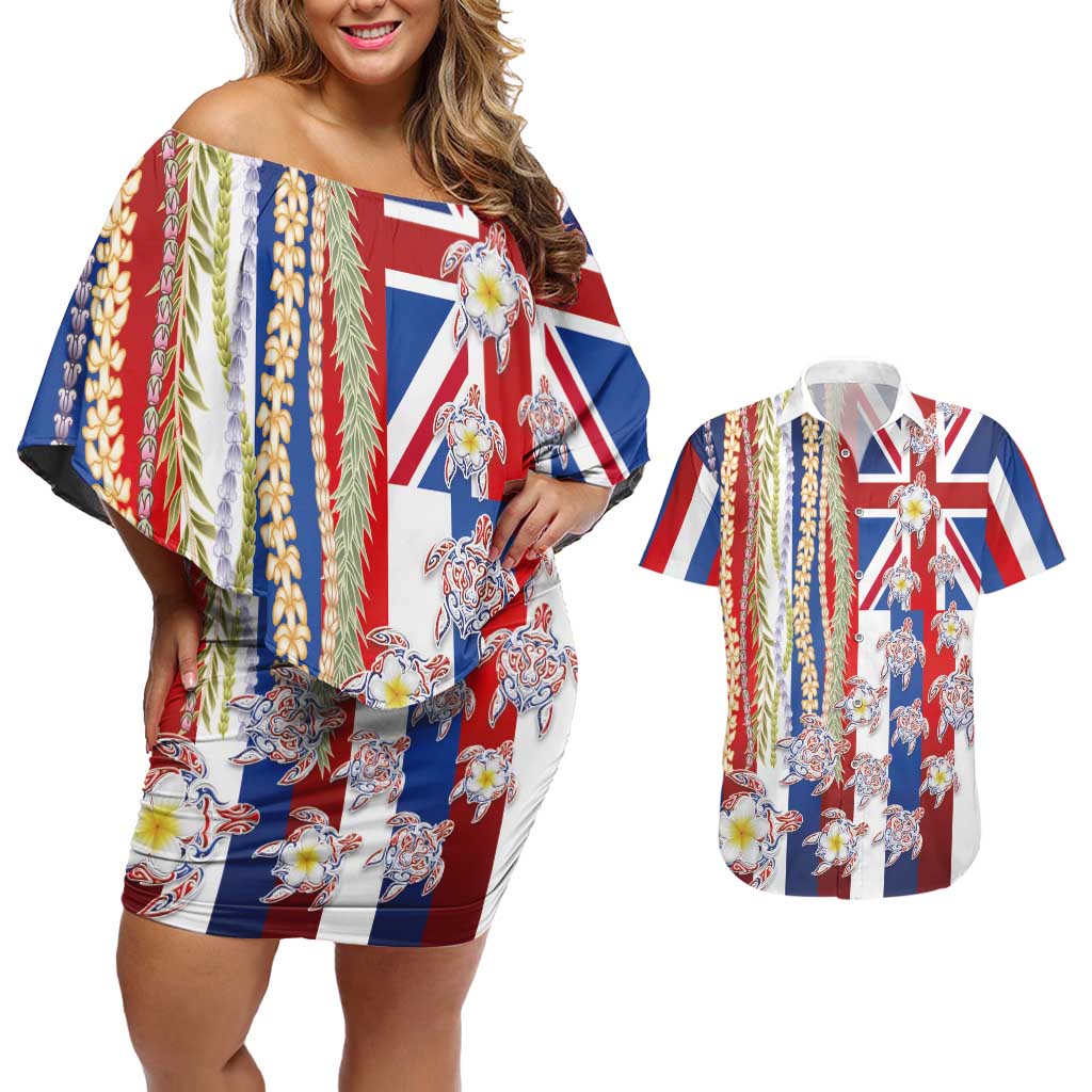 Hawaiian Polynesian Tribal Turtles Couples Matching Off Shoulder Short Dress and Hawaiian Shirt with Lei and Flag Style LT03 Multicolor - Polynesian Pride