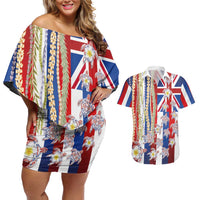 Hawaiian Polynesian Tribal Turtles Couples Matching Off Shoulder Short Dress and Hawaiian Shirt with Lei and Flag Style LT03 Multicolor - Polynesian Pride