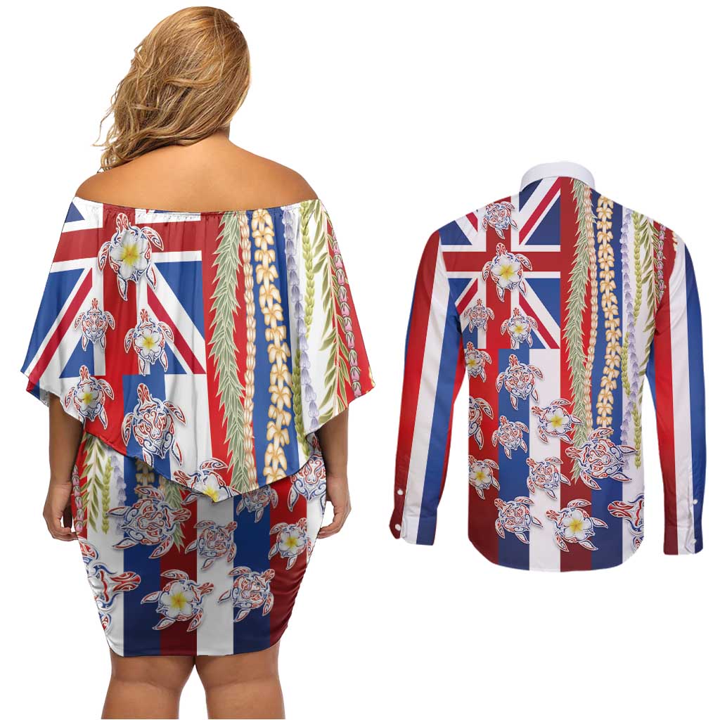 Hawaiian Polynesian Tribal Turtles Couples Matching Off Shoulder Short Dress and Long Sleeve Button Shirt with Lei and Flag Style LT03 - Polynesian Pride