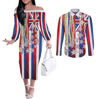 Hawaiian Polynesian Tribal Turtles Couples Matching Off The Shoulder Long Sleeve Dress and Long Sleeve Button Shirt with Lei and Flag Style LT03 Multicolor - Polynesian Pride