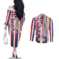 Hawaiian Polynesian Tribal Turtles Couples Matching Off The Shoulder Long Sleeve Dress and Long Sleeve Button Shirt with Lei and Flag Style LT03 - Polynesian Pride