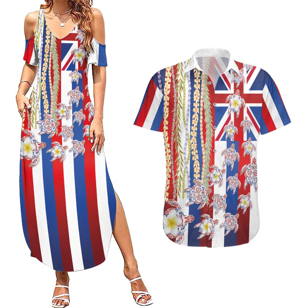 Hawaiian Polynesian Tribal Turtles Couples Matching Summer Maxi Dress and Hawaiian Shirt with Lei and Flag Style
