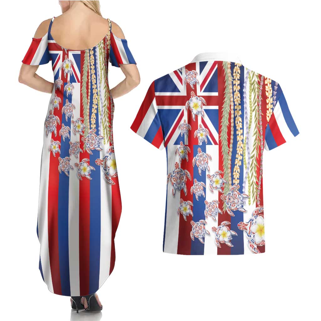 Hawaiian Polynesian Tribal Turtles Couples Matching Summer Maxi Dress and Hawaiian Shirt with Lei and Flag Style LT03 - Polynesian Pride