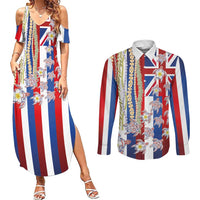 Hawaiian Polynesian Tribal Turtles Couples Matching Summer Maxi Dress and Long Sleeve Button Shirt with Lei and Flag Style LT03 Multicolor - Polynesian Pride