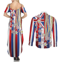 Hawaiian Polynesian Tribal Turtles Couples Matching Summer Maxi Dress and Long Sleeve Button Shirt with Lei and Flag Style LT03 - Polynesian Pride
