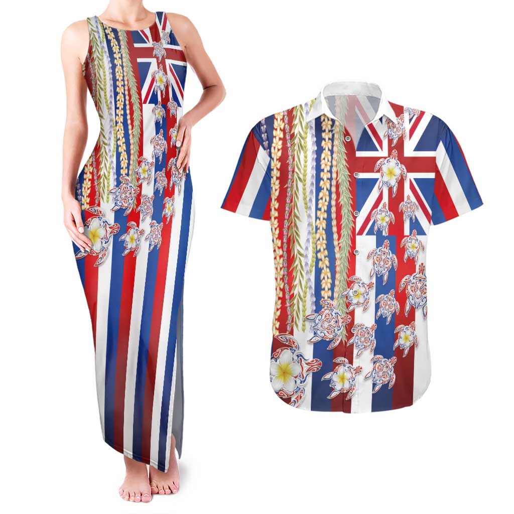 Hawaiian Polynesian Tribal Turtles Couples Matching Tank Maxi Dress and Hawaiian Shirt with Lei and Flag Style