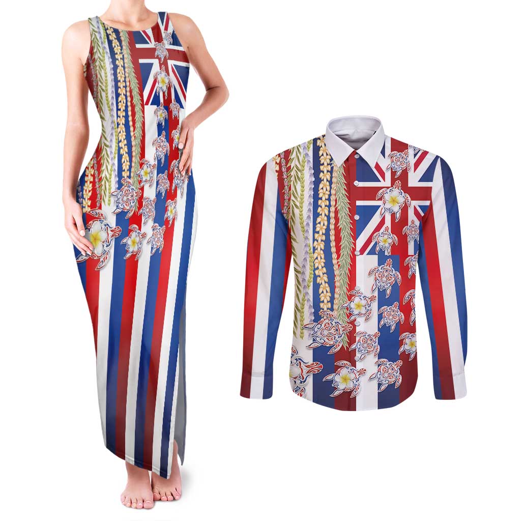 Hawaiian Polynesian Tribal Turtles Couples Matching Tank Maxi Dress and Long Sleeve Button Shirt with Lei and Flag Style LT03 Multicolor - Polynesian Pride
