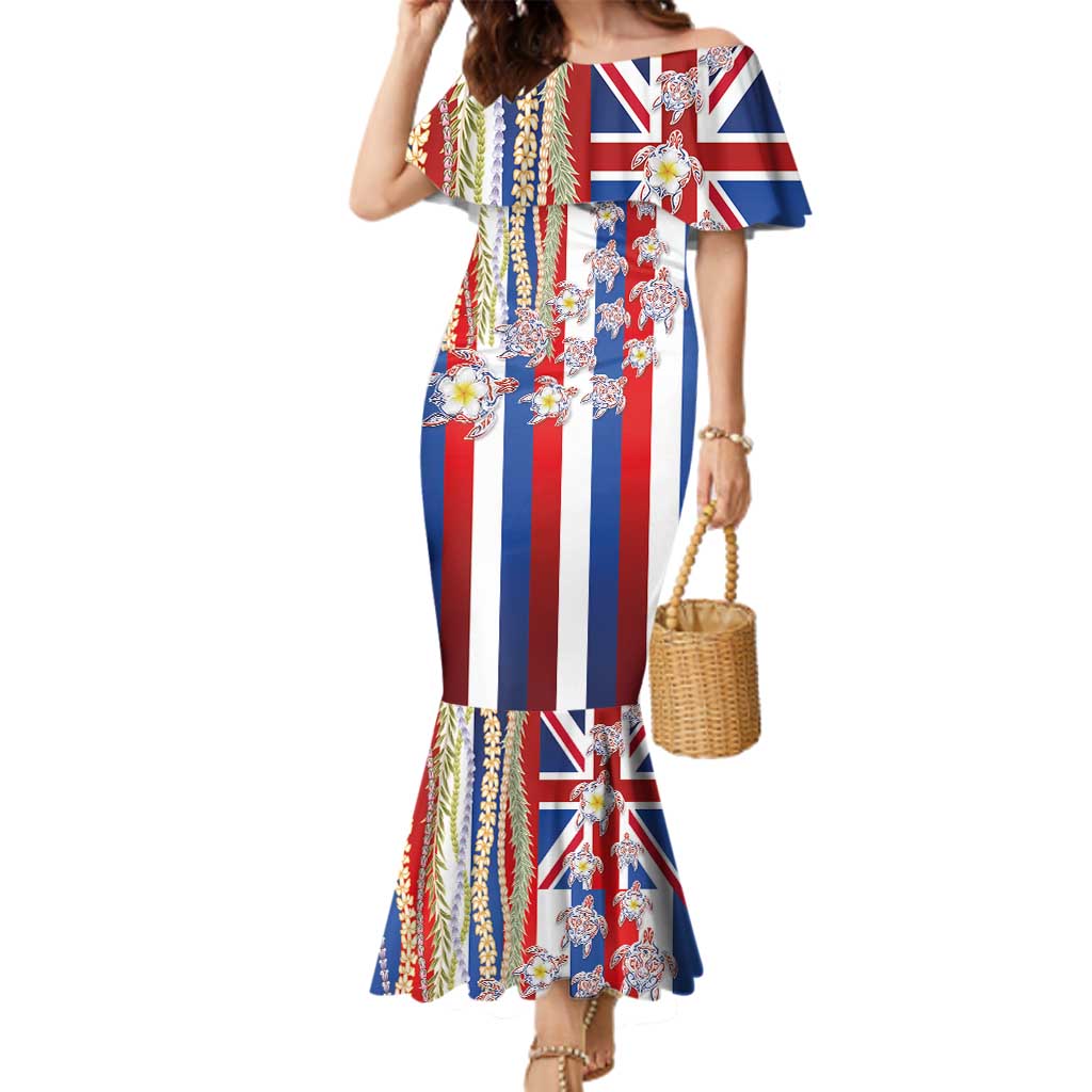 Hawaiian Polynesian Tribal Turtles Family Matching Mermaid Dress and Hawaiian Shirt with Lei and Flag Style LT03 Mom's Dress Multicolor - Polynesian Pride