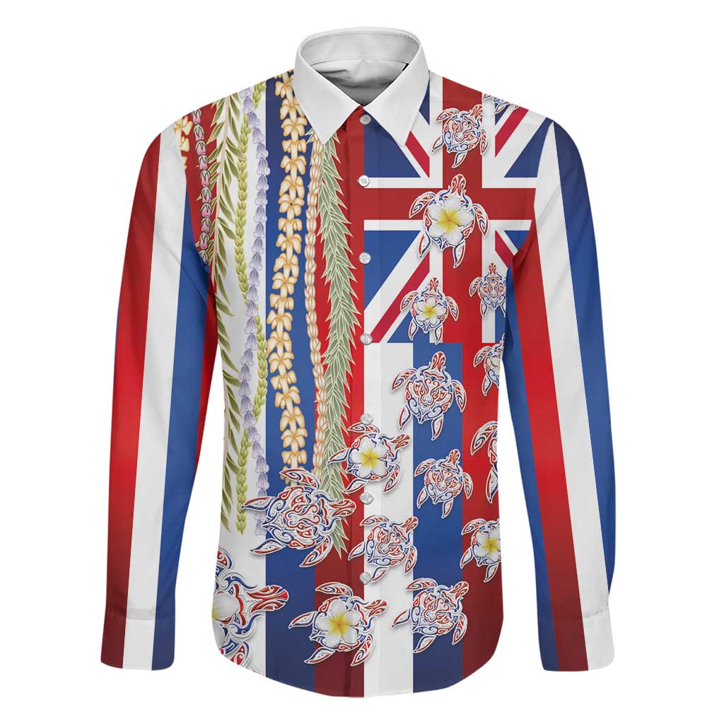 Hawaiian Polynesian Tribal Turtles Family Matching Off The Shoulder Long Sleeve Dress and Hawaiian Shirt with Lei and Flag Style LT03 Dad's Shirt - Long Sleeve Multicolor - Polynesian Pride