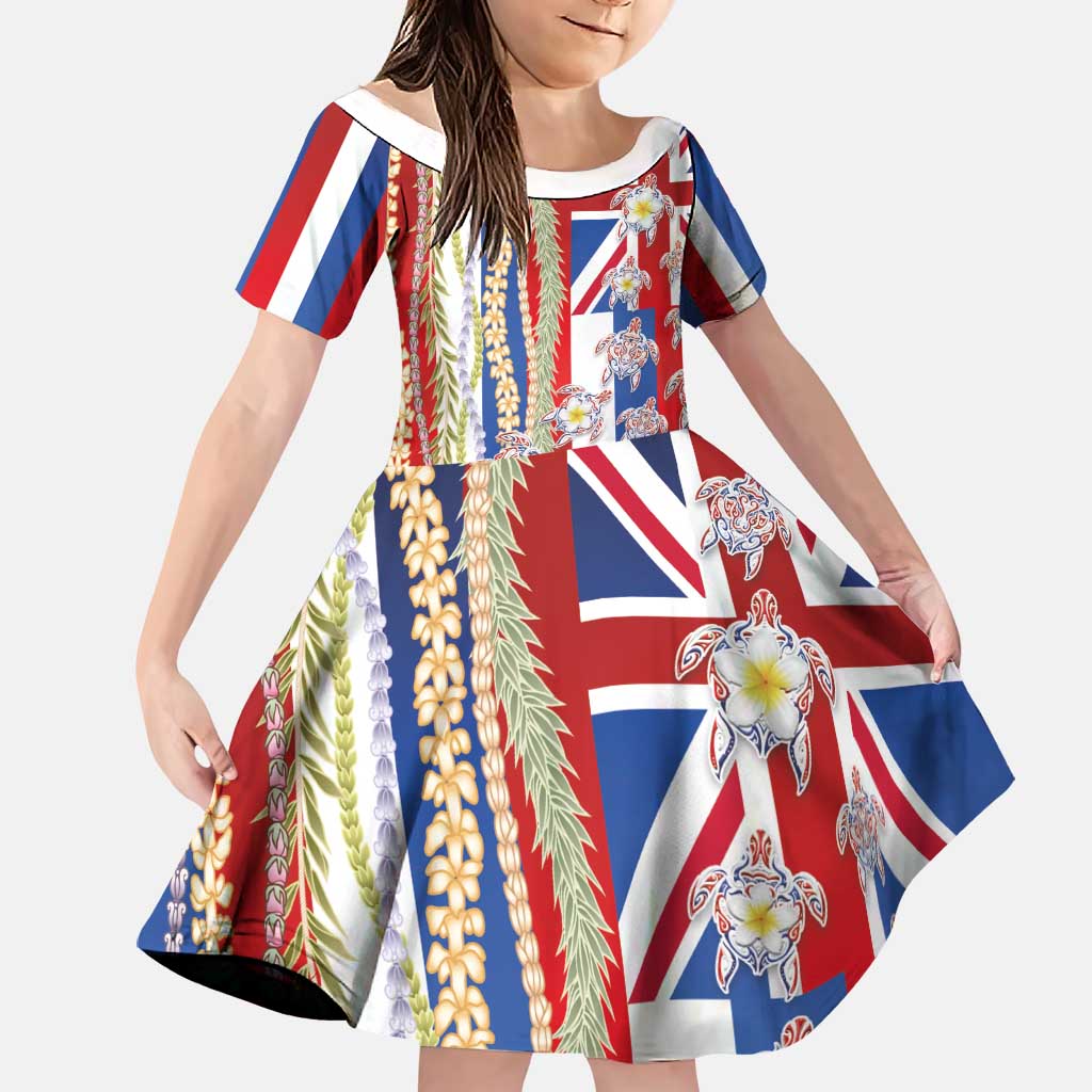 Hawaiian Polynesian Tribal Turtles Family Matching Off Shoulder Maxi Dress and Hawaiian Shirt with Lei and Flag Style LT03 Daughter's Dress Multicolor - Polynesian Pride