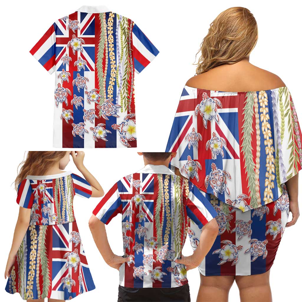 Hawaiian Polynesian Tribal Turtles Family Matching Off Shoulder Short Dress and Hawaiian Shirt with Lei and Flag Style LT03 - Polynesian Pride