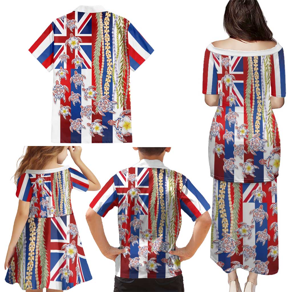 Hawaiian Polynesian Tribal Turtles Family Matching Puletasi and Hawaiian Shirt with Lei and Flag Style