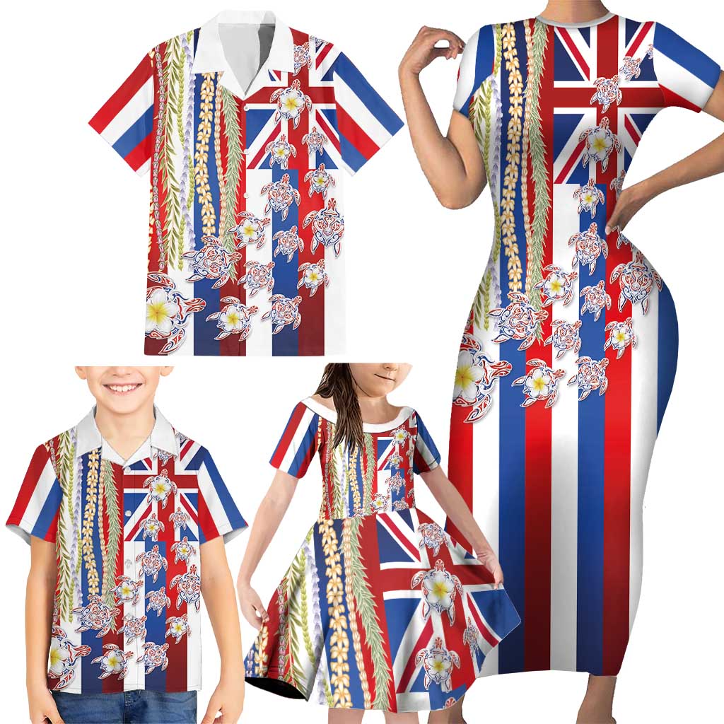 Hawaiian Polynesian Tribal Turtles Family Matching Short Sleeve Bodycon Dress and Hawaiian Shirt with Lei and Flag Style LT03 - Polynesian Pride