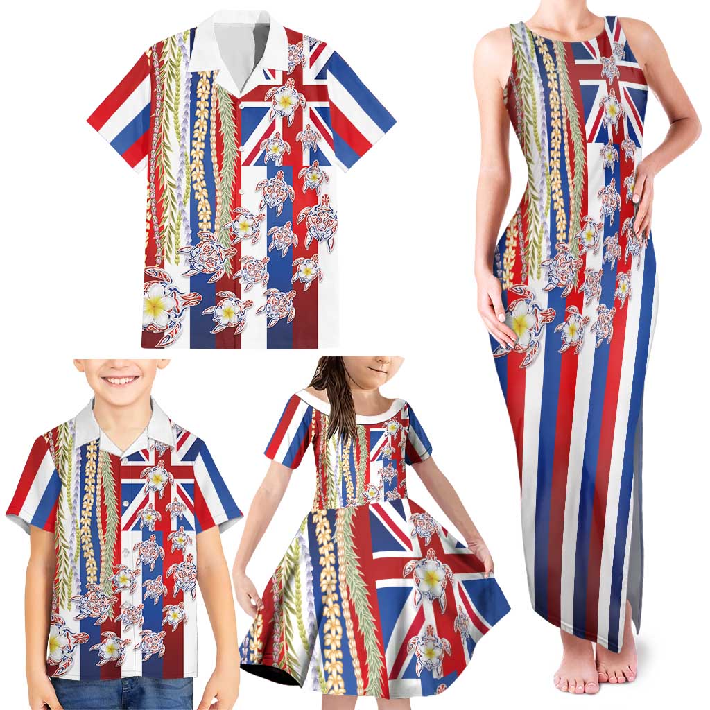 Hawaiian Polynesian Tribal Turtles Family Matching Tank Maxi Dress and Hawaiian Shirt with Lei and Flag Style LT03 - Polynesian Pride