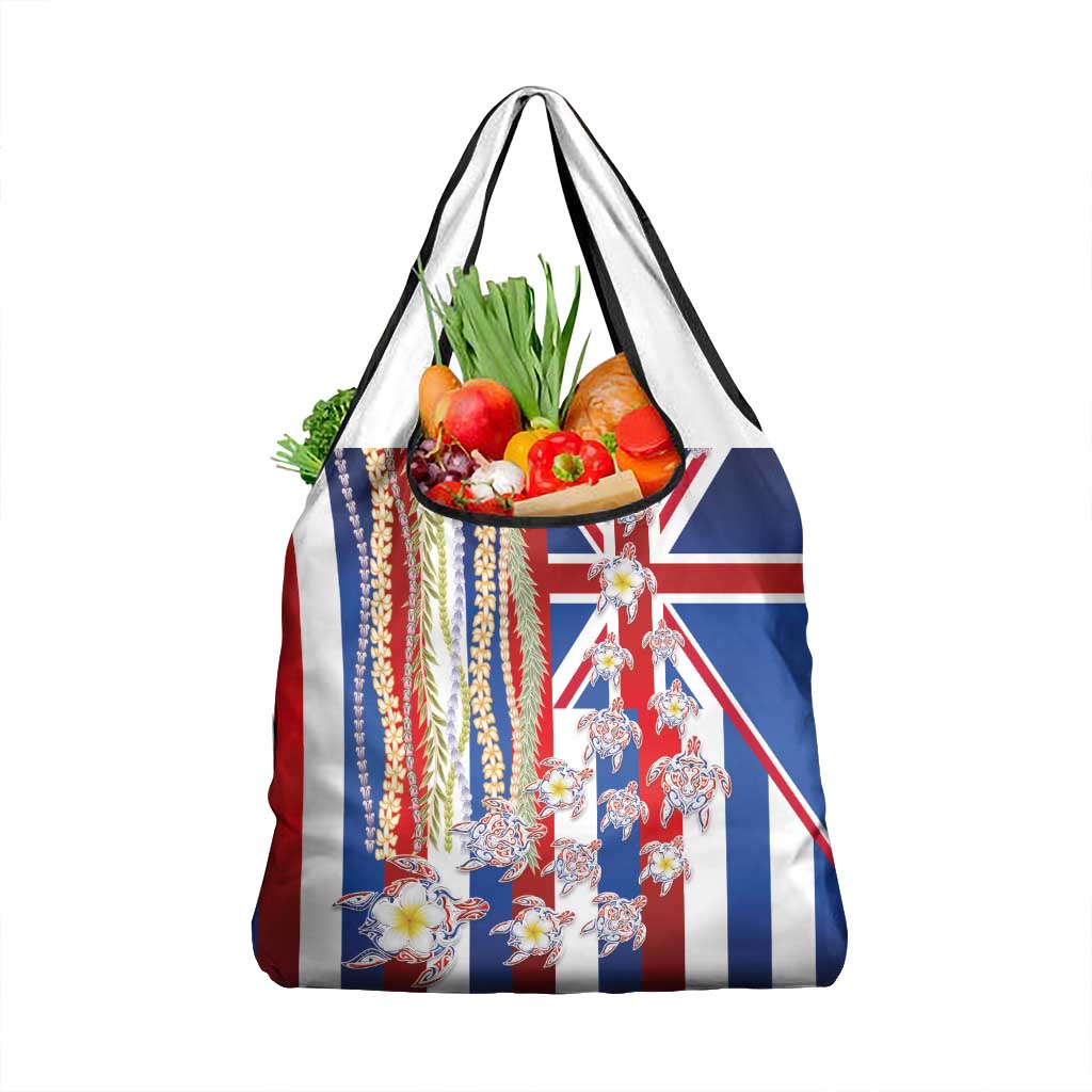 Hawaiian Polynesian Tribal Turtles Grocery Bag with Lei and Flag Style