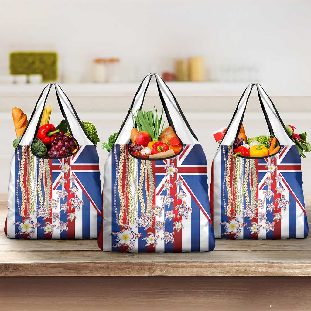 Hawaiian Polynesian Tribal Turtles Grocery Bag with Lei and Flag Style