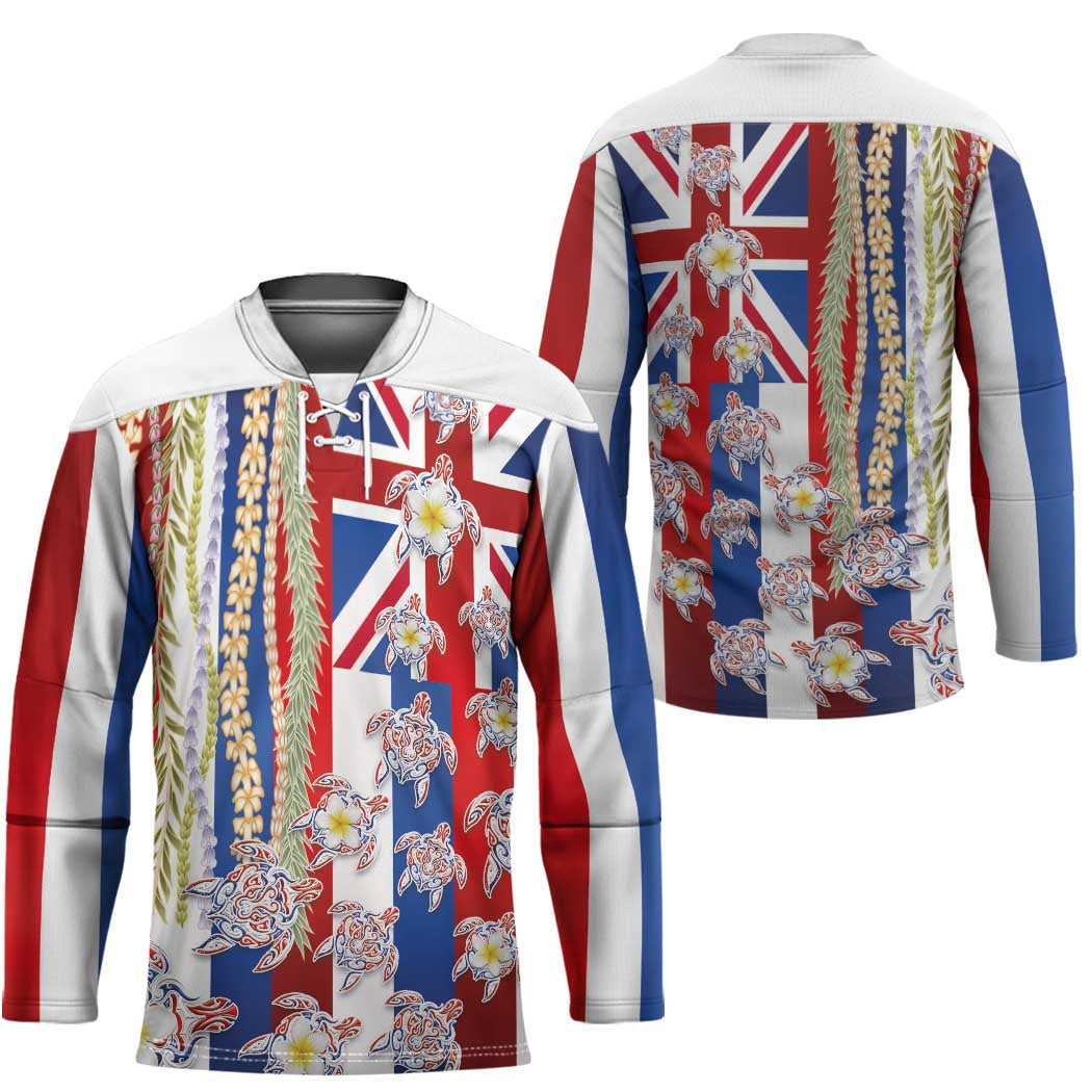 Hawaiian Polynesian Tribal Turtles Hockey Jersey with Lei and Flag Style LT03 - Polynesian Pride