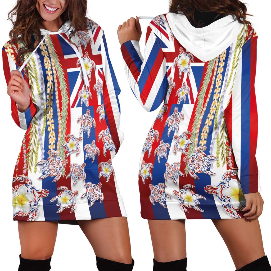 Hawaiian Polynesian Tribal Turtles Hoodie Dress with Lei and Flag Style LT03 - Polynesian Pride
