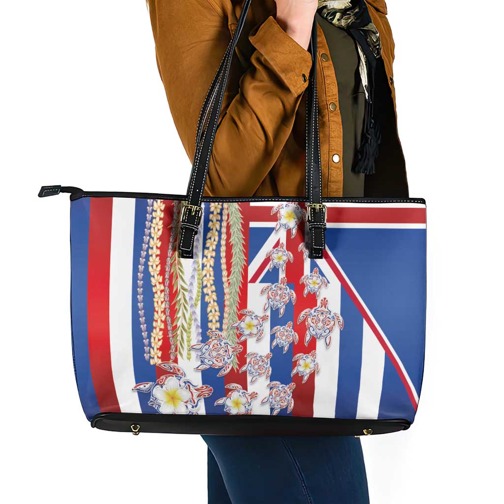 Hawaiian Polynesian Tribal Turtles Leather Tote Bag with Lei and Flag Style