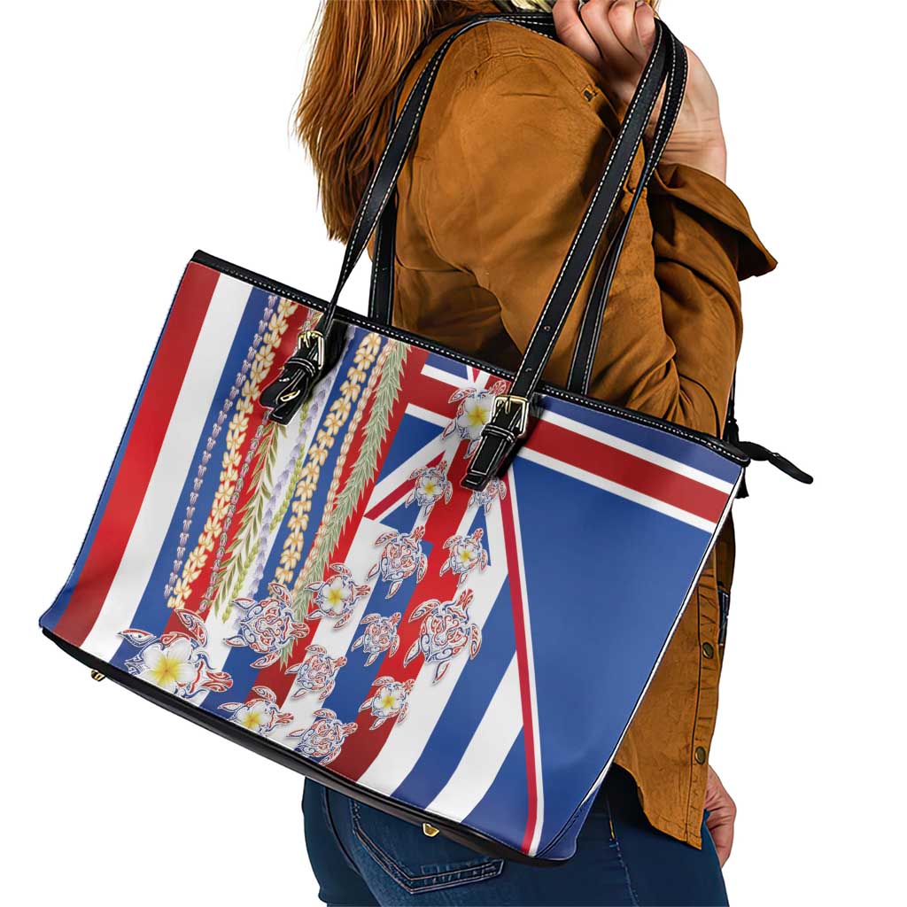 Hawaiian Polynesian Tribal Turtles Leather Tote Bag with Lei and Flag Style