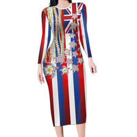 Hawaiian Polynesian Tribal Turtles Long Sleeve Bodycon Dress with Lei and Flag Style LT03 Long Dress Multicolor - Polynesian Pride