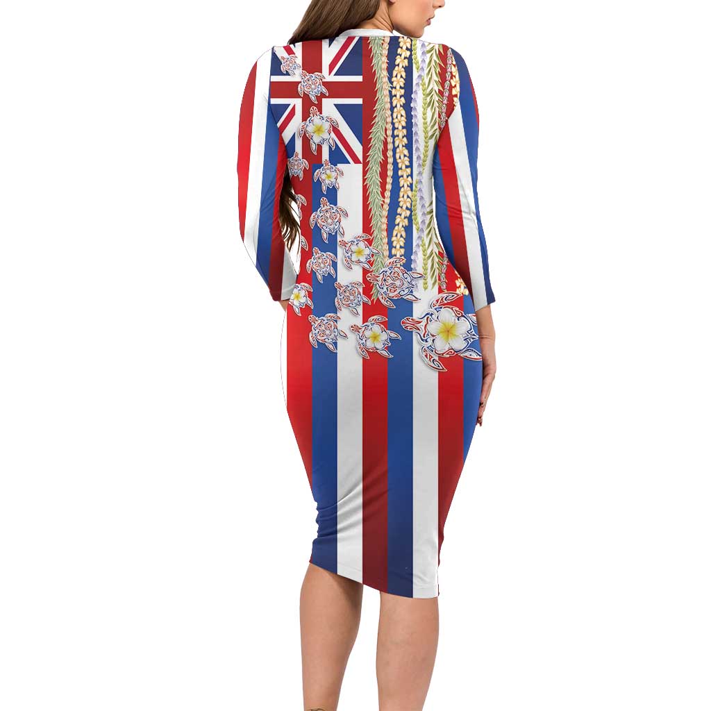 Hawaiian Polynesian Tribal Turtles Long Sleeve Bodycon Dress with Lei and Flag Style LT03 - Polynesian Pride