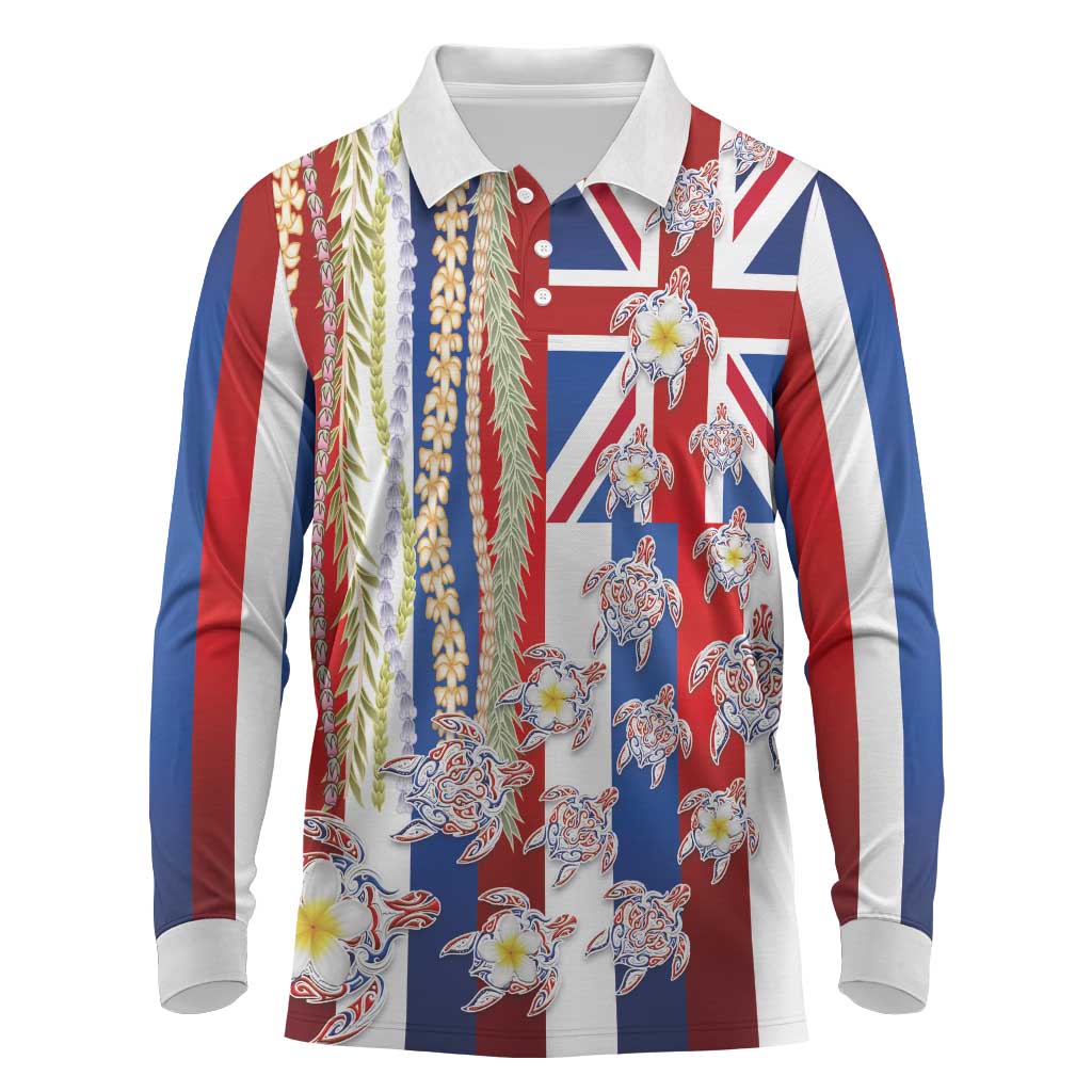 Hawaiian Polynesian Tribal Turtles Long Sleeve Polo Shirt with Lei and Flag Style