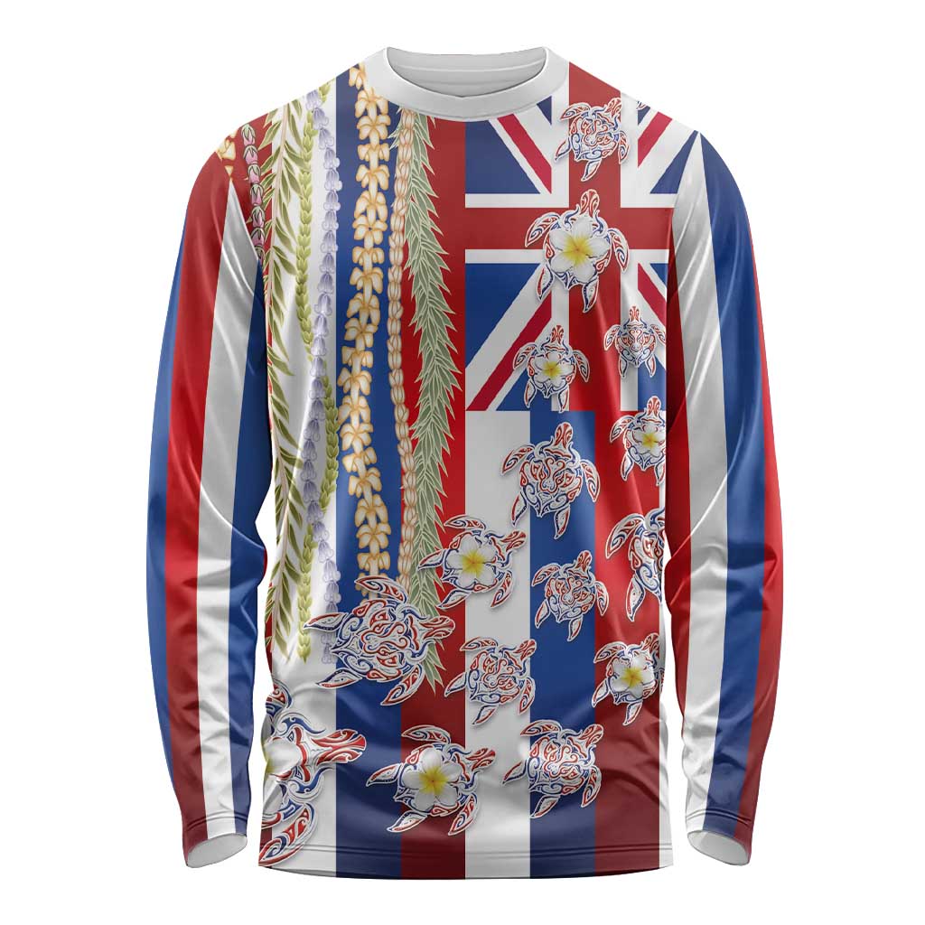 Hawaiian Polynesian Tribal Turtles Long Sleeve Shirt with Lei and Flag Style LT03 Unisex Multicolor - Polynesian Pride