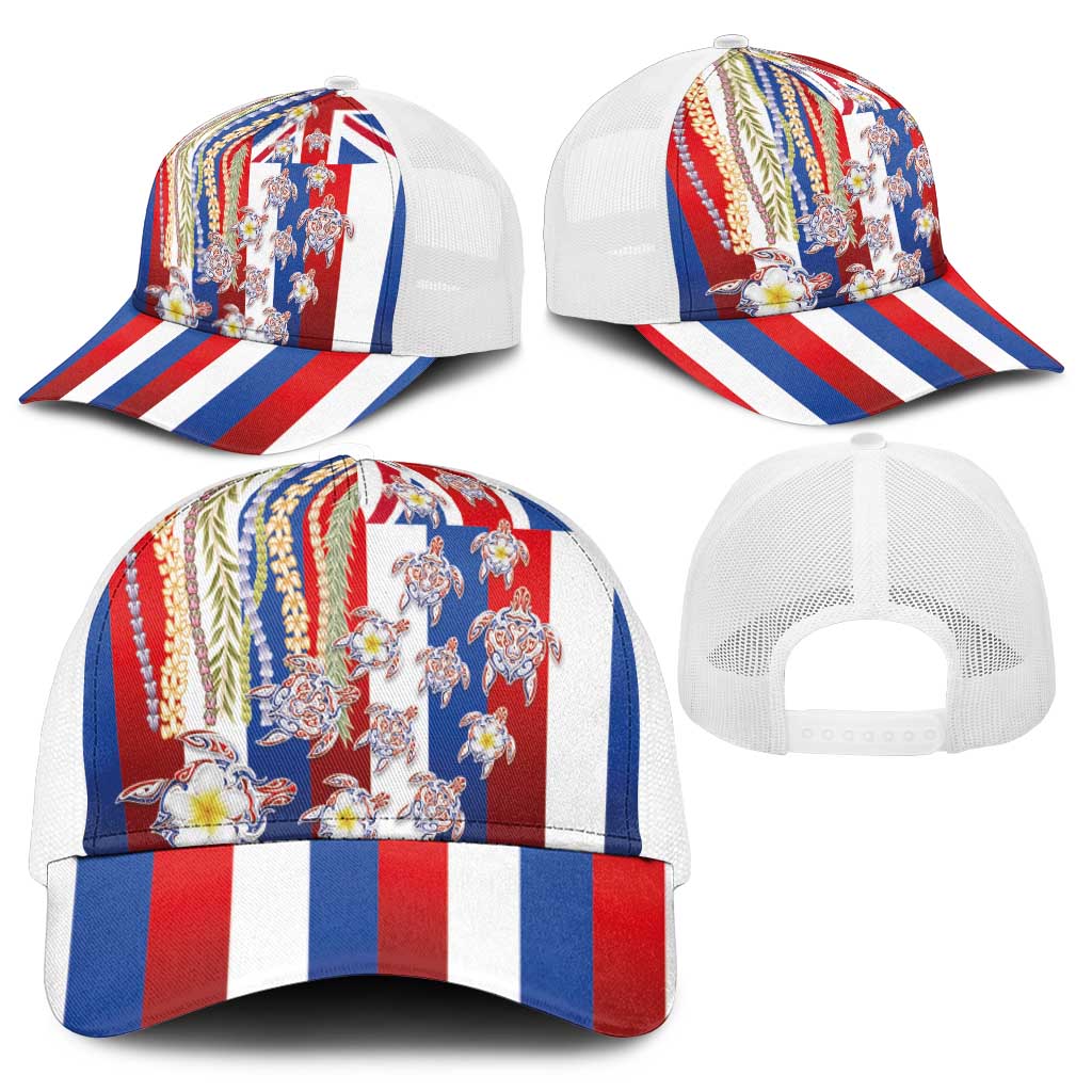 Hawaiian Polynesian Tribal Turtles Mesh Trucker Cap with Lei and Flag Style