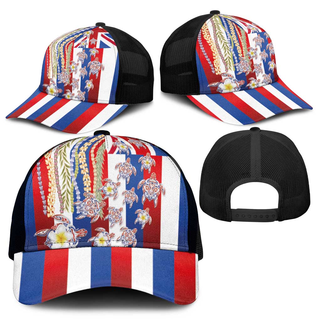 Hawaiian Polynesian Tribal Turtles Mesh Trucker Cap with Lei and Flag Style
