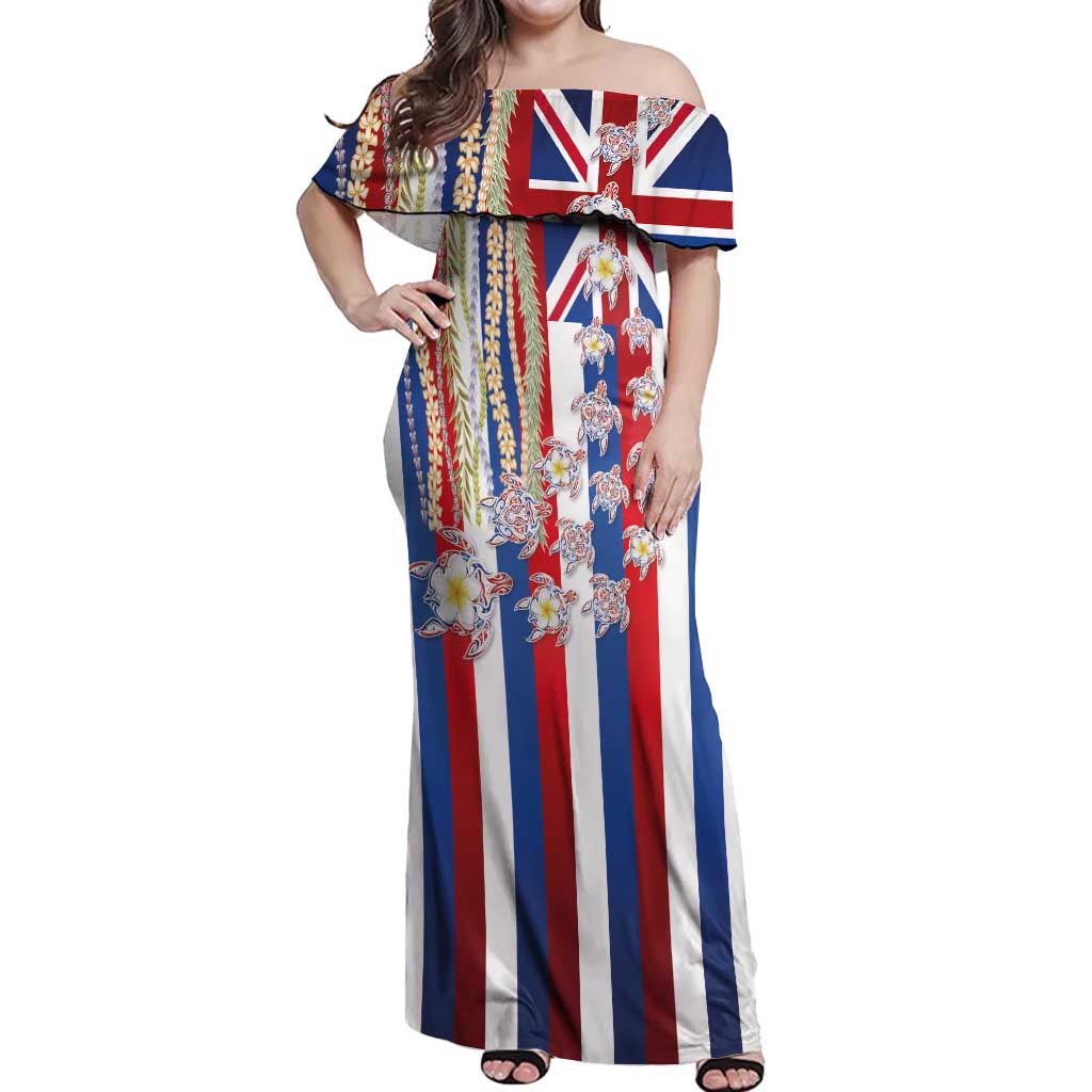 Hawaiian Polynesian Tribal Turtles Off Shoulder Maxi Dress with Lei and Flag Style