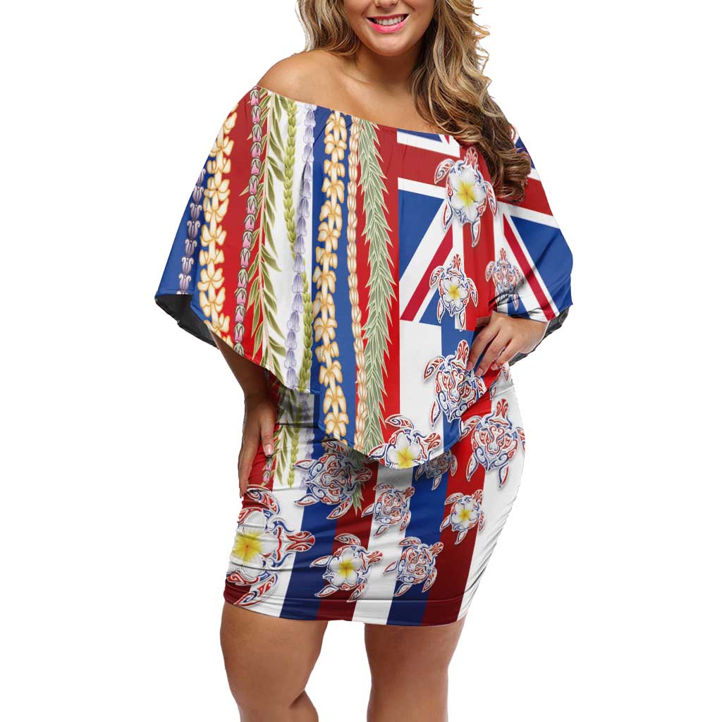 Hawaiian Polynesian Tribal Turtles Off Shoulder Short Dress with Lei and Flag Style LT03 Women Multicolor - Polynesian Pride