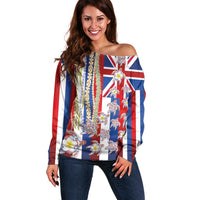 Hawaiian Polynesian Tribal Turtles Off Shoulder Sweater with Lei and Flag Style
