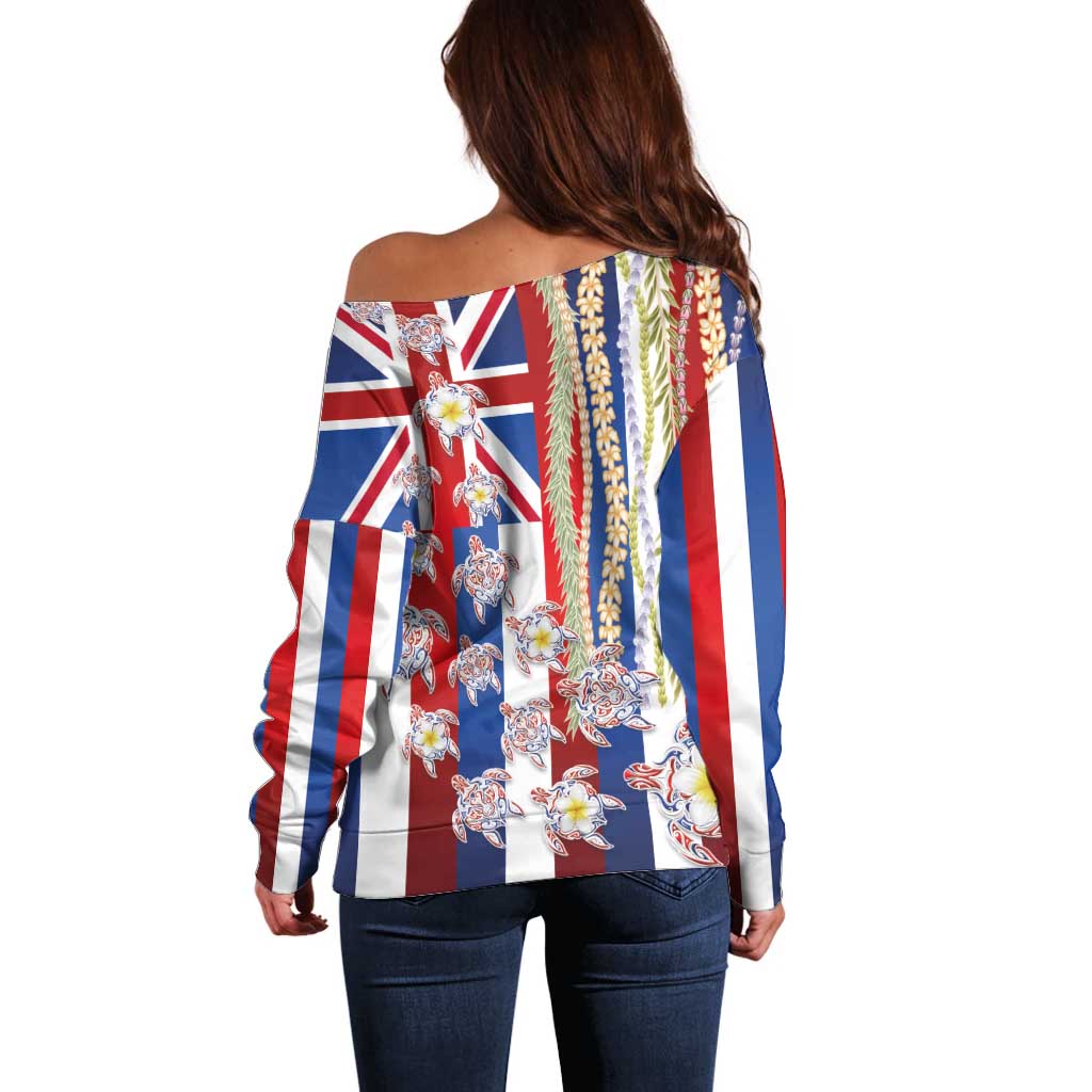 Hawaiian Polynesian Tribal Turtles Off Shoulder Sweater with Lei and Flag Style