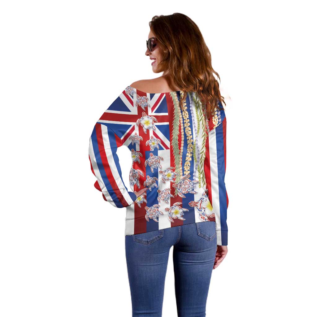 Hawaiian Polynesian Tribal Turtles Off Shoulder Sweater with Lei and Flag Style