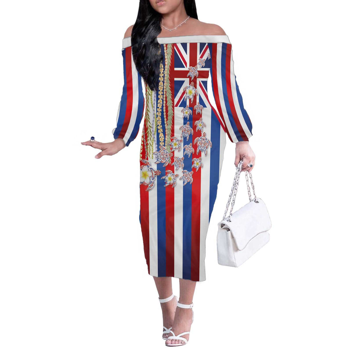 Hawaiian Polynesian Tribal Turtles Off The Shoulder Long Sleeve Dress with Lei and Flag Style LT03 Women Multicolor - Polynesian Pride