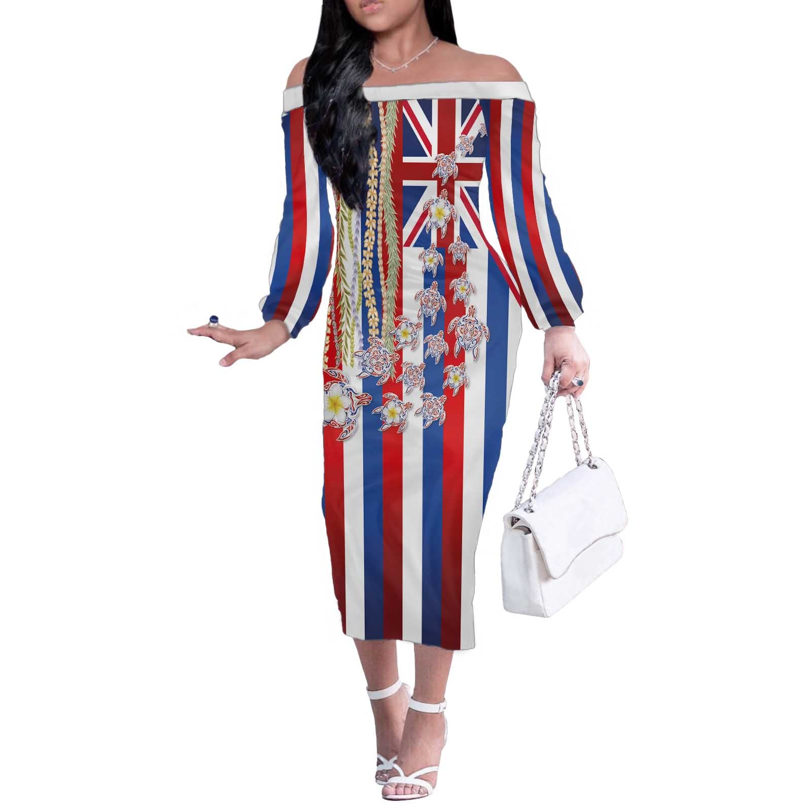 Hawaiian Polynesian Tribal Turtles Off The Shoulder Long Sleeve Dress with Lei and Flag Style LT03 Women Multicolor - Polynesian Pride