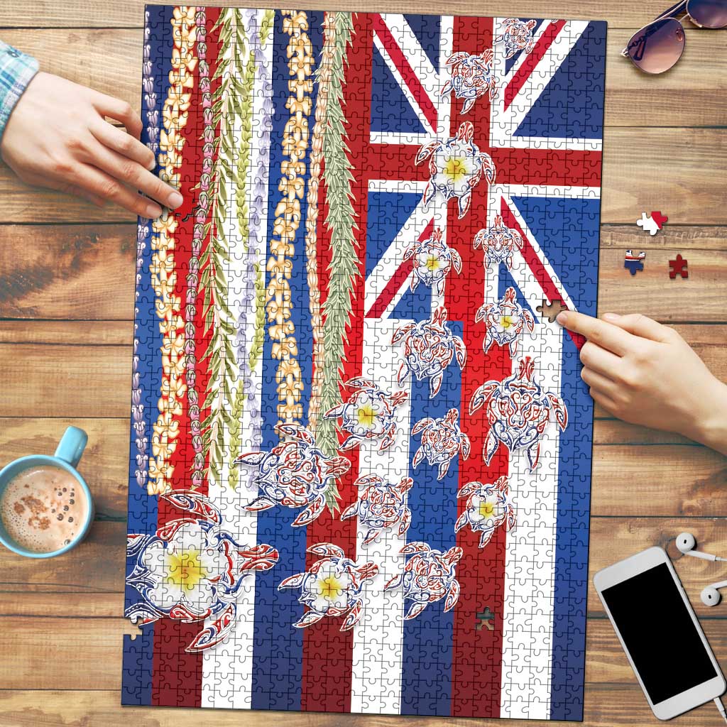 Hawaiian Polynesian Tribal Turtles Puzzle with Lei and Flag Style