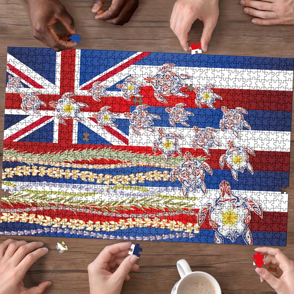 Hawaiian Polynesian Tribal Turtles Puzzle with Lei and Flag Style