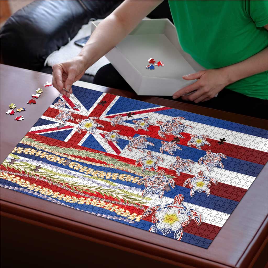 Hawaiian Polynesian Tribal Turtles Puzzle with Lei and Flag Style