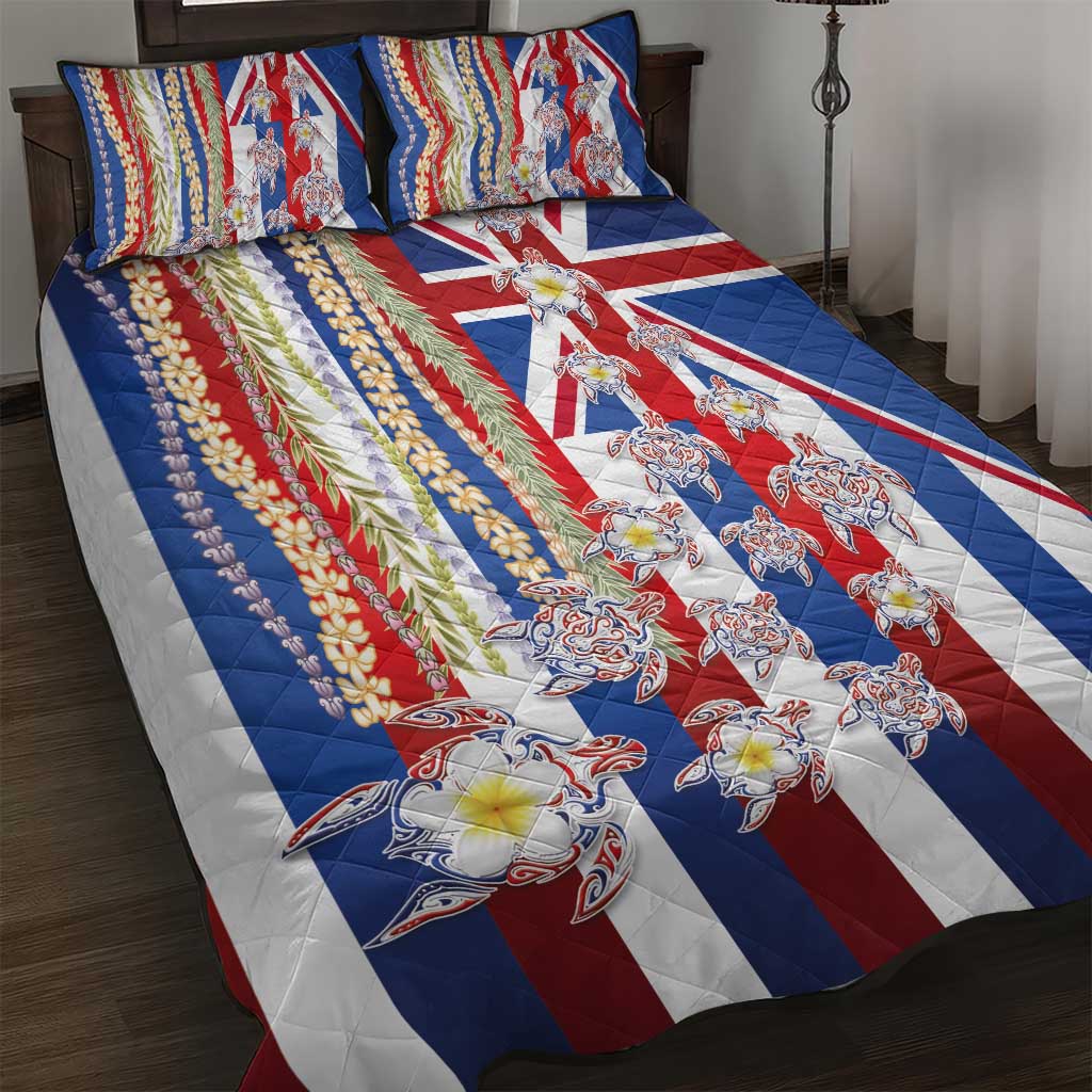 Hawaiian Polynesian Tribal Turtles Quilt Bed Set with Lei and Flag Style